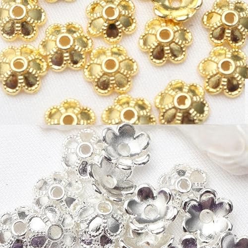 WANYI 100 Stück Zwischenperlen für Armbänder Perlenkappen 8mm Metallperlen Blume Bastelperlen Perlenset mit Loch Beads Zubehör für DIY Schmuck Halskette(P3 Stil-Gold+Silber) von WANYI