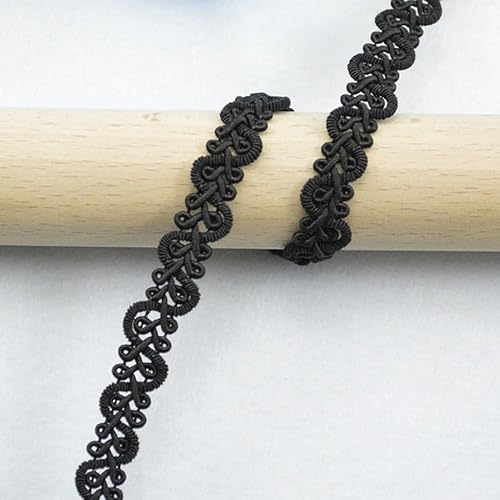 WANYI 10M S Förmiger Spitzenband Zopfborte 1.1cm Breit Polyester Spitzenbesatz Posamentenborte DIY Bordüre Stoff Zierband zum Nähen für Kostüme Vorhänge Lampenschirme Sofaschoner(Schwarz) von WANYI