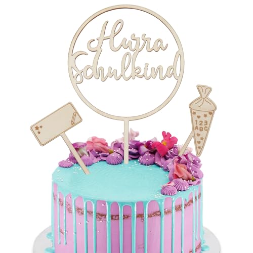 WANYI 3 Stk Hurra Schulkind Tortendeko Einschulung Holz Cake Topper Kuchen Dekoration Schulanfang Set ABC 123 Tortendeko für Mädchen Junge Schuleinführung Party Deko (A) von WANYI