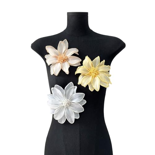 WANYI 3 Stück Ansteckblume Damen Groß Stoffblumen zum Aufnähen 4 Schichten Stereo Stickerei 16cm Blumen Applique für Hut Kopfbedeckung Kleidung Verzierung von WANYI