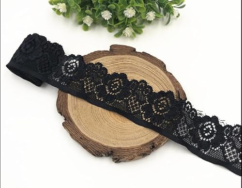 WANYI 3.3CM 5 Yards Spitze Borten Bänder zum Nähen Elastische Spitzenband Spitzenbordüre Häkelband Blumenband Spitzenstoff für DIY Handwerk Unterwäsche Höschen Kleidung (Schwarz) von WANYI