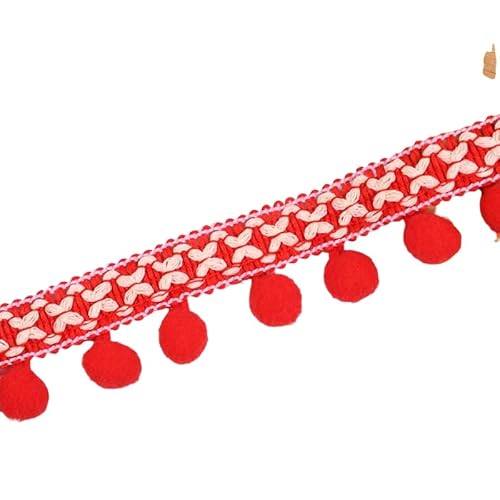 WANYI 5 Yards 12mm Pompom Borte zum Nähen, Bommelborte Fransenborte mit Pom Poms Dekoband Quastenborte für DIY Schals, Kleidung, Tischdecken, Vorhänge, Sofa(Rot) von WANYI