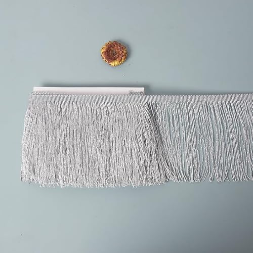WANYI 5 Yards 15cm Breite Fransenborte Pailletten Fransen Quaste Seide Quastenborte Fransenbesatz Fransenband Tanzfransen Nähzubehör für Lateinisches Tanzkleid, Bühnenkleidung, Apparel(Silber) von WANYI