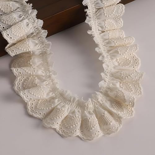 WANYI 5 Yards Baumwolle Spitzenband Vintage Spitzenband Weiß Rüschen Spitzenstoff Spitzenbesatz DIY Spitzenborte Zierband zum Nähen fur Nähen Kleider Tasche Vorhänge Tischtuchspitzen(4cm-Beige) von WANYI