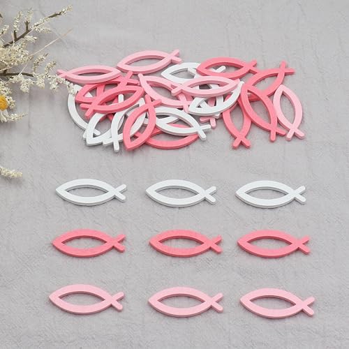 WANYI 90 Stück Fisch Deko Holz Tischdeko Konfirmation Streudeko Taufe Deko Holzfische Kommunion für Mädchen Junge Taufedeko (weiß, rosa, hellrosa) von WANYI