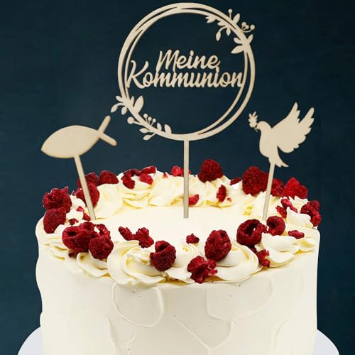 WANYI Tortendeko Kommunion 3 Stück Cake Topper Meine Kommunion Holz Tortenaufleger Kommunion mit Taube Fisch Erstkommunion Kuchen Deko Tortendeko Party für Junge Mädchen von WANYI