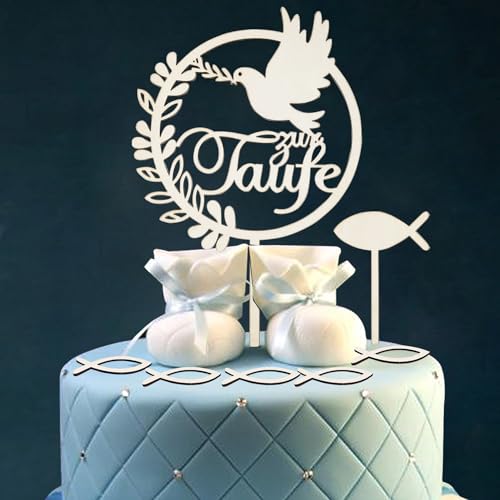 WANYI Cake Topper Taufe Holz, Meine Taufe Torten Topper Tortendeko Taufe Tortenstecker mit Fisch Taube Kuchendekoration Party Dekoration für Junge Mädchen (B) von WANYI