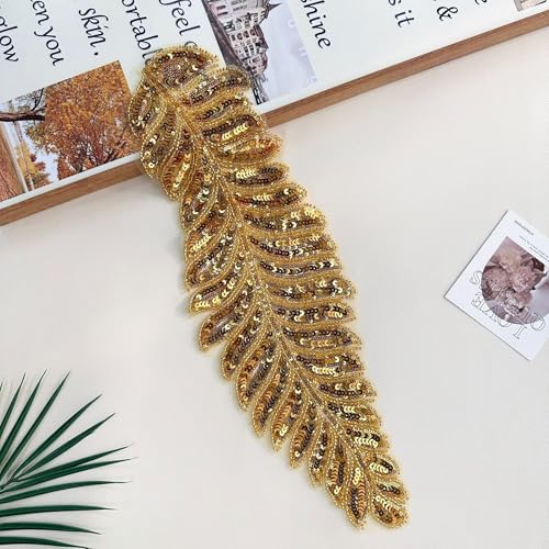 WANYI Pailletten Feder Patch Spitze Applique Stickerei Pailletten Stoff Feder Deko Brosche für DIY Kleidung Verzieren, Abendkleider Zubehör(Gold) von WANYI