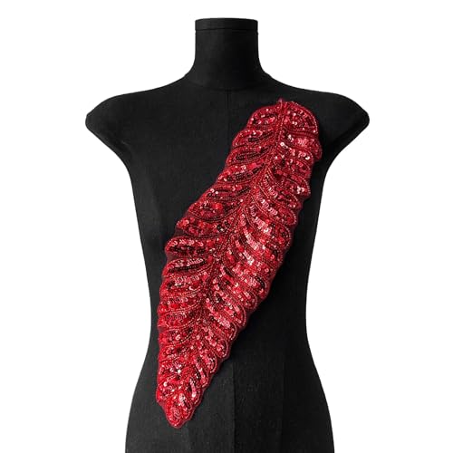 WANYI Pailletten Feder Patch Spitze Applique Stickerei Pailletten Stoff Feder Deko Brosche für DIY Kleidung Verzieren, Abendkleider Zubehör(Rot) von WANYI