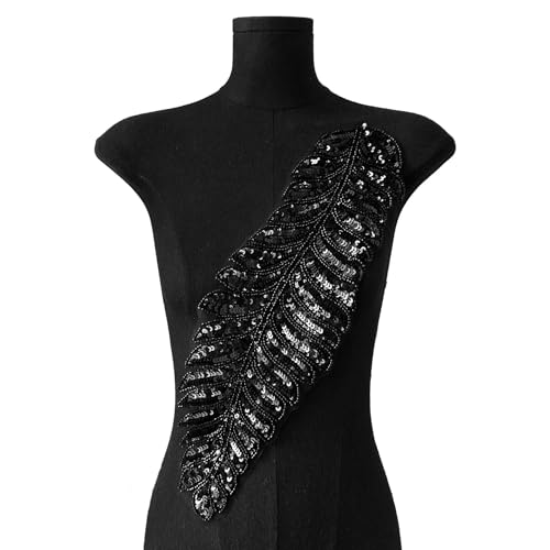 WANYI Pailletten Feder Patch Spitze Applique Stickerei Pailletten Stoff Feder Deko Brosche für DIY Kleidung Verzieren, Abendkleider Zubehör(Schwarz) von WANYI