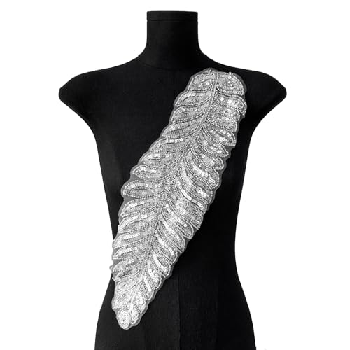 WANYI Pailletten Feder Patch Spitze Applique Stickerei Pailletten Stoff Feder Deko Brosche für DIY Kleidung Verzieren, Abendkleider Zubehör(Silber) von WANYI
