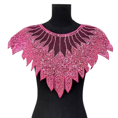 WANYI Spitze Applique Patch Stickerei Spitzenkragen Halskragen Pailletten Spitze Ausschnitt Einsatzkragen Kragen Verzieren für DIY Brautkleid Dekoration Kleidung Zubehör(Dunkelrosa) von WANYI