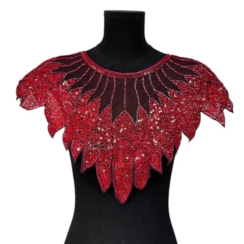 WANYI Spitze Applique Patch Stickerei Spitzenkragen Halskragen Pailletten Spitze Ausschnitt Einsatzkragen Kragen Verzieren für DIY Brautkleid Dekoration Kleidung Zubehör(Rot) von WANYI
