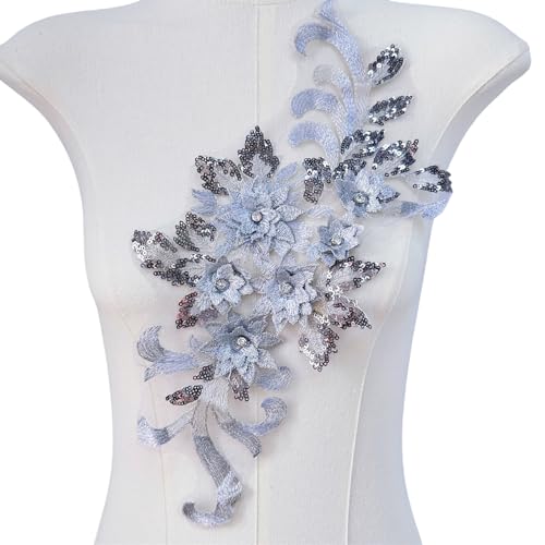 WANYI Spitzen Blumen Patches 3D Blumen Applikationen zum Aufnähen Pailletten Strass Spitzen Aufnäher Patches Stickerei Spitzenapplikation für DIY Nähen Hochzeitskleid Kleid Kleidung Tasche(Grau) von WANYI
