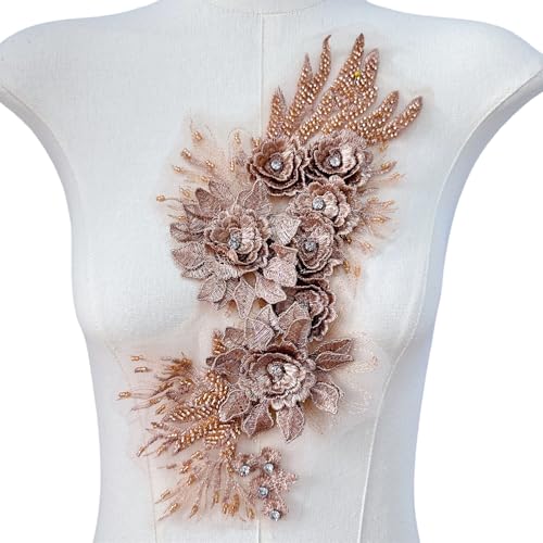 WANYI Spitzen Blumen Patches 3D Blumen Applikationen zum Aufnähen Perlen Strass Spitzen Aufnäher Patches Stickerei Spitzenapplikation für DIY Nähen Hochzeitskleid Kleid Kleidung Tasche(Braun) von WANYI