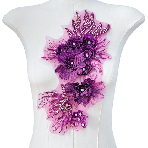 WANYI Spitzen Blumen Patches 3D Blumen Applikationen zum Aufnähen Perlen Strass Spitzen Aufnäher Patches Stickerei Spitzenapplikation für DIY Nähen Hochzeitskleid Kleid Kleidung Tasche(Lila) von WANYI