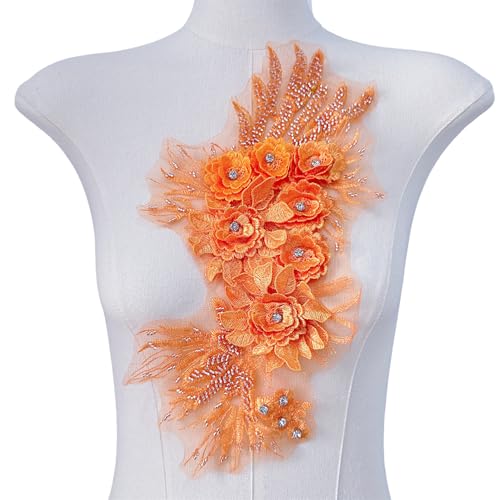 WANYI Spitzen Blumen Patches 3D Blumen Applikationen zum Aufnähen Perlen Strass Spitzen Aufnäher Patches Stickerei Spitzenapplikation für DIY Nähen Hochzeitskleid Kleid Kleidung Tasche(Orange) von WANYI