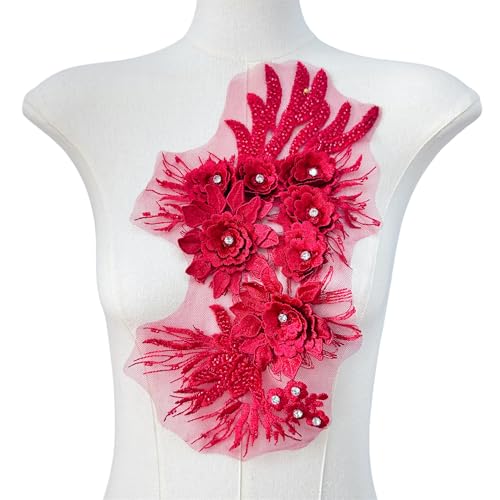 WANYI Spitzen Blumen Patches 3D Blumen Applikationen zum Aufnähen Perlen Strass Spitzen Aufnäher Patches Stickerei Spitzenapplikation für DIY Nähen Hochzeitskleid Kleid Kleidung Tasche(Rot) von WANYI