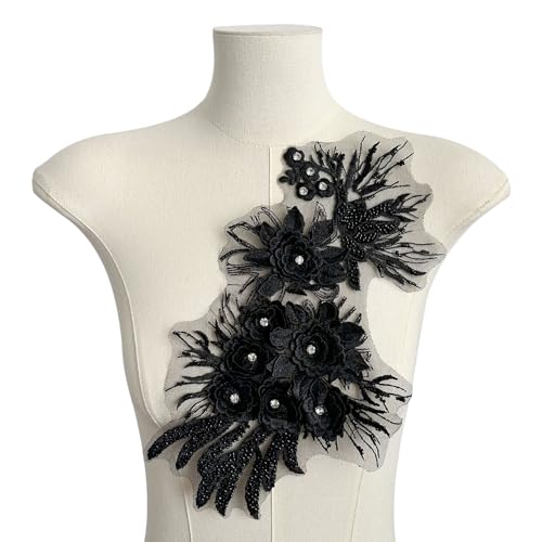 WANYI Spitzen Blumen Patches 3D Blumen Applikationen zum Aufnähen Perlen Strass Spitzen Aufnäher Patches Stickerei Spitzenapplikation für DIY Nähen Hochzeitskleid Kleid Kleidung Tasche(Schwarz) von WANYI