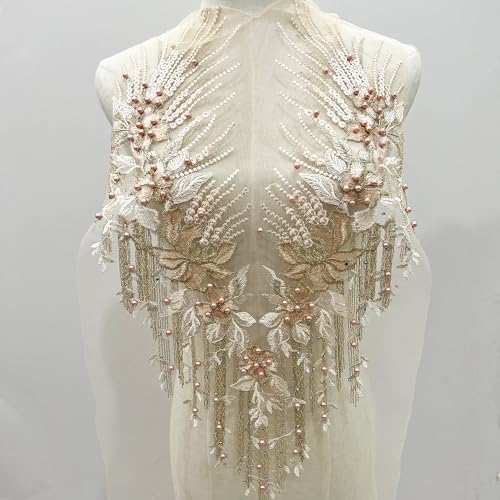WANYI Spitzen Blumen Patches Perlen Spitzenkragen Stickerei Halskragen Spitzenapplikation Ausschnitt Kragen Patch Verzieren für Hochzeit Bräute Kleid Zubehör(Aprikose) von WANYI