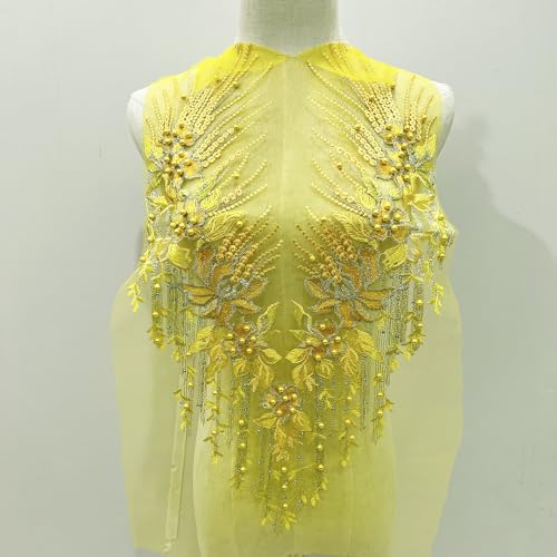 WANYI Spitzen Blumen Patches Perlen Spitzenkragen Stickerei Halskragen Spitzenapplikation Ausschnitt Kragen Patch Verzieren für Hochzeit Bräute Kleid Zubehör(Gelb) von WANYI