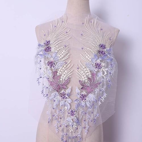 WANYI Spitzen Blumen Patches Perlen Spitzenkragen Stickerei Halskragen Spitzenapplikation Ausschnitt Kragen Patch Verzieren für Hochzeit Bräute Kleid Zubehör(Lila) von WANYI