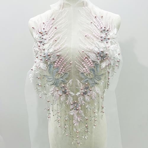 WANYI Spitzen Blumen Patches Perlen Spitzenkragen Stickerei Halskragen Spitzenapplikation Ausschnitt Kragen Patch Verzieren für Hochzeit Bräute Kleid Zubehör(Rosa) von WANYI