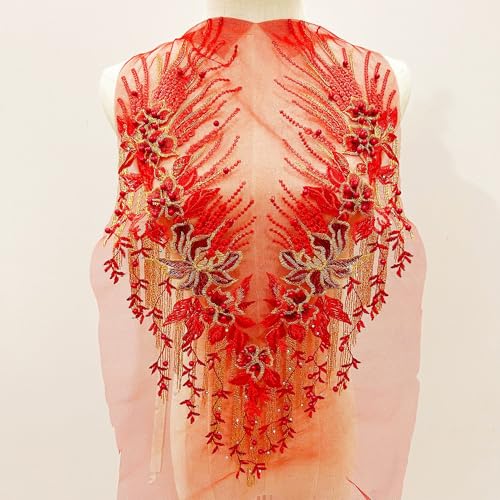 WANYI Spitzen Blumen Patches Perlen Spitzenkragen Stickerei Halskragen Spitzenapplikation Ausschnitt Kragen Patch Verzieren für Hochzeit Bräute Kleid Zubehör(Rot) von WANYI