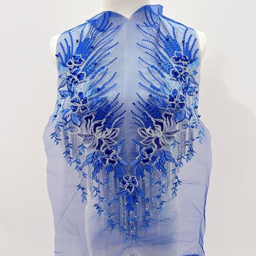 WANYI Spitzen Blumen Patches Perlen Spitzenkragen Stickerei Halskragen Spitzenapplikation Ausschnitt Kragen Patch Verzieren für Hochzeit Bräute Kleid Zubehör(Saphirblau) von WANYI