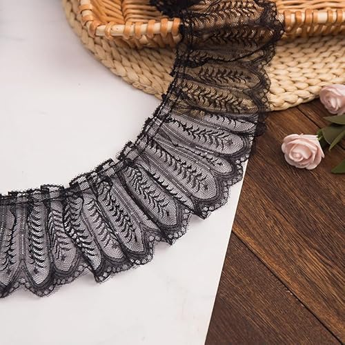 WANYI Spitzenband Spitzenborte Vintage Dekoband Zierband Spitzenborte 9cm Breite Plissee Tüll Spitzenstoff für DIY Handwerk Nähen Hochzeit Deko(A-Schwarz-5m) von WANYI