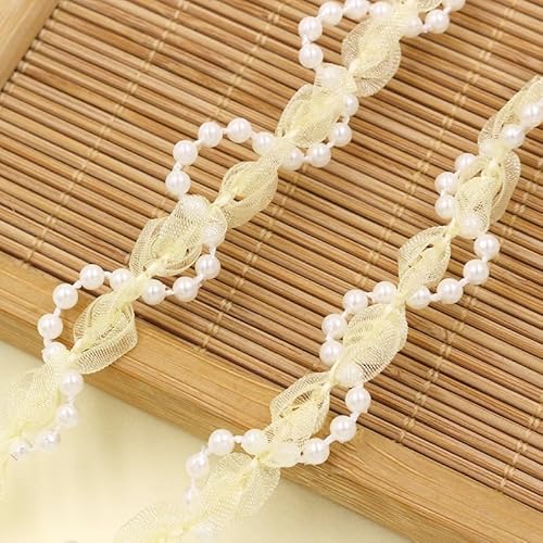 WANYI Spitzenband aus Netzstoff mit Perlen, 1.2CM Breite Spitze Borten und Bänder zum Nähen Blumenband Dekoband Zierband für Kleidung, Kragen, Ärmel(Beige-20 Yards) von WANYI