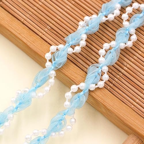 WANYI Spitzenband aus Netzstoff mit Perlen, 1.2CM Breite Spitze Borten und Bänder zum Nähen Blumenband Dekoband Zierband für Kleidung, Kragen, Ärmel(Blau-5 Yards) von WANYI