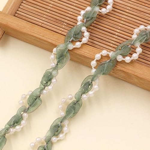 WANYI Spitzenband aus Netzstoff mit Perlen, 1.2CM Breite Spitze Borten und Bänder zum Nähen Blumenband Dekoband Zierband für Kleidung, Kragen, Ärmel(Dunkelgrün-2 Yards) von WANYI