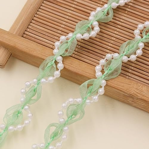 WANYI Spitzenband aus Netzstoff mit Perlen, 1.2CM Breite Spitze Borten und Bänder zum Nähen Blumenband Dekoband Zierband für Kleidung, Kragen, Ärmel(Hellgrün-2 Yards) von WANYI