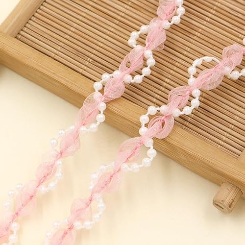 WANYI Spitzenband aus Netzstoff mit Perlen, 1.2CM Breite Spitze Borten und Bänder zum Nähen Blumenband Dekoband Zierband für Kleidung, Kragen, Ärmel(Rosa-2 Yards) von WANYI