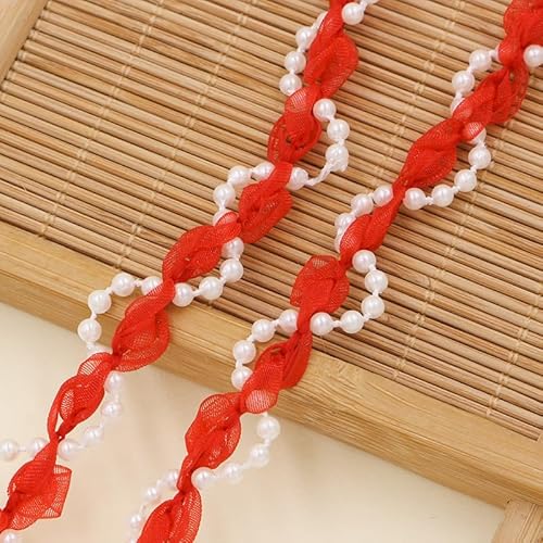 WANYI Spitzenband aus Netzstoff mit Perlen, 1.2CM Breite Spitze Borten und Bänder zum Nähen Blumenband Dekoband Zierband für Kleidung, Kragen, Ärmel(Rot-20 Yards) von WANYI
