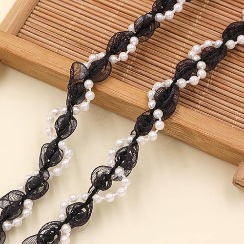 WANYI Spitzenband aus Netzstoff mit Perlen, 1.2CM Breite Spitze Borten und Bänder zum Nähen Blumenband Dekoband Zierband für Kleidung, Kragen, Ärmel(Schwarz-5 Yards) von WANYI