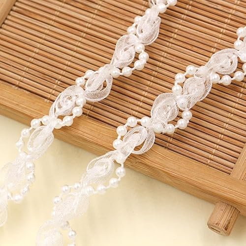 WANYI Spitzenband aus Netzstoff mit Perlen, 1.2CM Breite Spitze Borten und Bänder zum Nähen Blumenband Dekoband Zierband für Kleidung, Kragen, Ärmel(Weiß-10 Yards) von WANYI