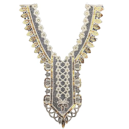 WANYI Spitzenkragen Damen Stickerei Applique Patch Pailletten Kragen Goldener Halskragen Applikationen zum Aufnähen Ethnischer Stil Ausschnitt Einsatzkragen für DIY Kleidung Zubehör（C） von WANYI
