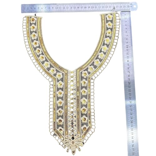 WANYI Spitzenkragen Damen Stickerei Applique Patch Pailletten Kragen Goldener Halskragen Applikationen zum Aufnähen Ethnischer Stil Ausschnitt Einsatzkragen für DIY Kleidung Zubehör（H） von WANYI