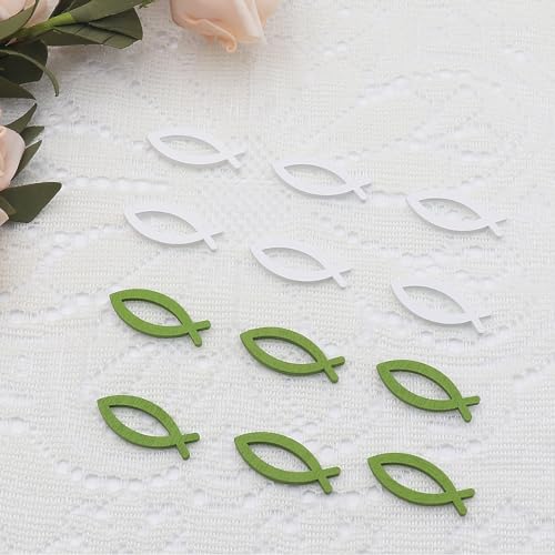 WANYIG 100 Stück Taufe Deko Taufe Tischdeko Holz Deko Fisch Taufe Streudeko Taufedeko Deko Firmung Konfirmation Kommunion Hochzeit für Mädchen Junge (Weiß + Grasgrün) von WANYIG
