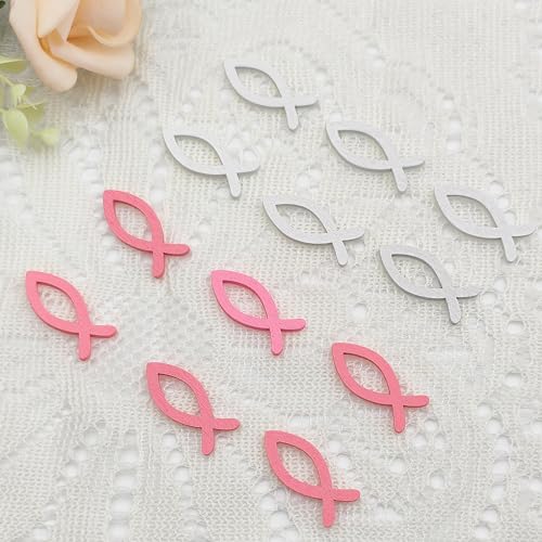 WANYIG 100 Stück Taufe Deko Taufe Tischdeko Holz Deko Fisch Taufe Streudeko Taufedeko Deko Firmung Konfirmation Kommunion Hochzeit für Mädchen Junge (Weiß + Rosa) von WANYIG