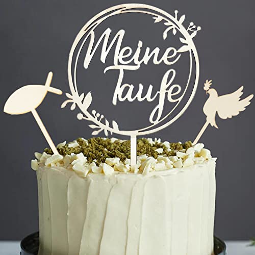 WANYIG 3 Stück Cake Topper Taufe Holz Tortendeko Meine Taufe Torten Topper Personalisiert Tortenstecker Tortenfigur Taube Fisch Kuchen Deko Party Dekoration für Junge Mädchen (#1) von WANYIG