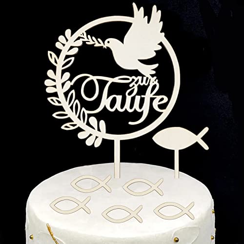 WANYIG 3 Stück Cake Topper Taufe Holz Tortendeko Meine Taufe Torten Topper Personalisiert Tortenstecker Tortenfigur Taube Fisch Kuchen Deko Party Dekoration für Junge Mädchen (#2) von WANYIG