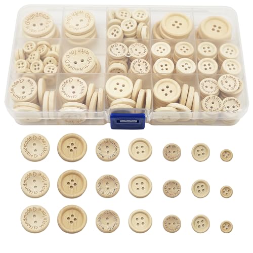 WANYIG Holzknöpfe Handmade Knöpfe Holz 10mm 13mm 15mm 20mm 25mm Runde Kinderknöpfe Holzknöpfe zum DIY Nähen Stricken Bastel Geschenk Deko (220 Stück) von WANYIG