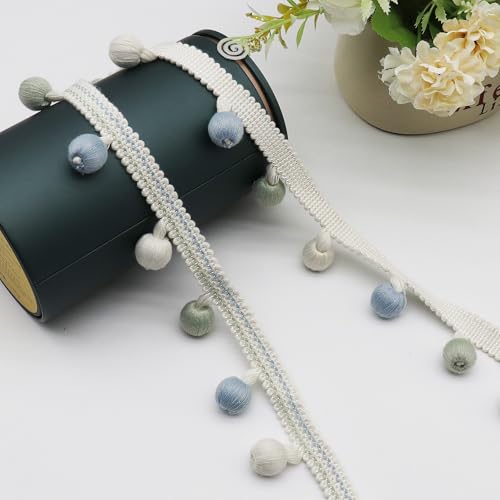 WANYIG Pompom Borte und Bänder zum Nähen Pomponborte Quastenborte Fransenborte Bommelband Bommel Fringe Spitzenband für Sofas Stoffdekoration Nähen Basteln Vorhänge Kleidung (Hellblau, 5M) von WANYIG