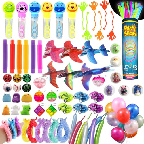 WAORZMK 160 Stück Partytütenfüller Set - Leuchtstäbe, Seifenblasen, Luftballons, Gleiter für Schulpreise, Geschenkefüller, Kindergeburtstag von WAORZMK