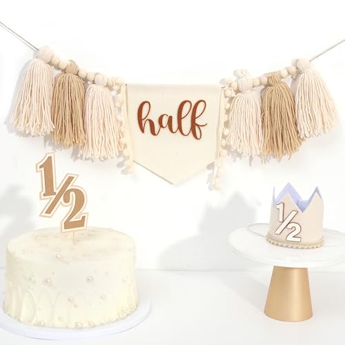 Half Way to One Geburtstagsdekorationen – Böhmische halbe Quaste, Hochstuhl-Banner, einfacher 1/2-Geburtstagskuchenaufsatz, Cake Smash, rustikale 1/2-Krone, 6 Monate Party-Set, Foto-Requisiten von WAOUH