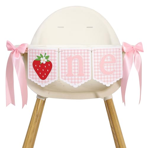 One Sweet Berry Hochstuhl-Banner – Erdbeer-Dekoration zum 1. Geburtstag, Erdbeer-Banner mit rosa Schleife, Hochstuhl-Girlande, Obst-Party-Kuchen-Smash-Foto-Requisiten (eine süße Beere) von WAOUH