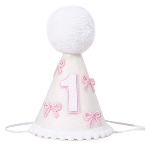 Partyhut mit Schleife zum 1. Geburtstag, für Mädchen, Kuchen-Smash-Foto-Requisiten, rosa Schleife und weißer Kegelhut für erste Geburtstagsdekorationen Partyhut mit Schleife zum 1. Geburtstag, für Mädchen, Kuchen-Smash-Foto-Requisiten, rosa Schleife und weißer Kegelhut für erste Geburtstagsdekorationen von WAOUH